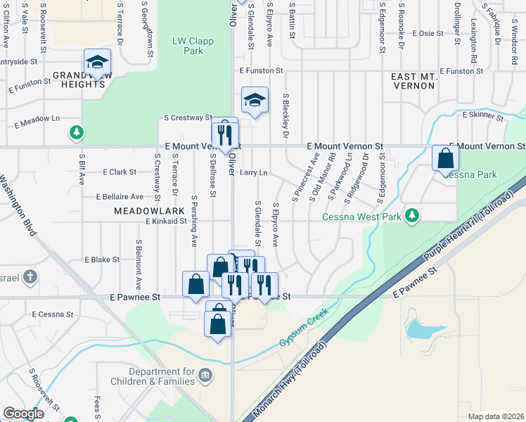 map of restaurants, bars, coffee shops, grocery stores, and more near 2171 Elpyco Street in Wichita