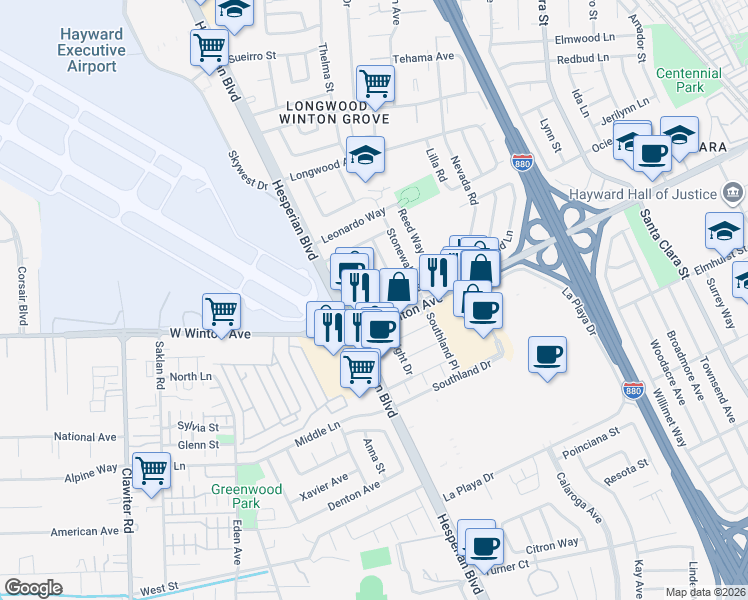 map of restaurants, bars, coffee shops, grocery stores, and more near 23875 Wright Drive in Hayward