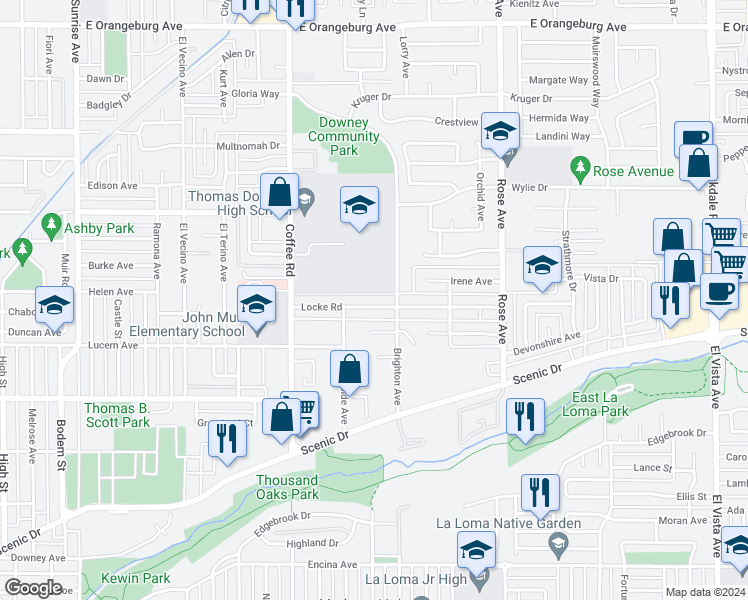 map of restaurants, bars, coffee shops, grocery stores, and more near 1421 Locke Road in Modesto