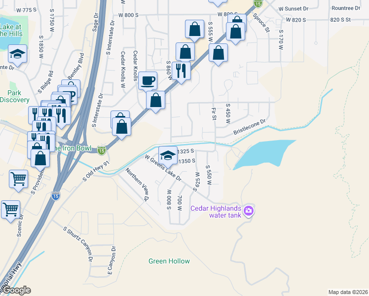 map of restaurants, bars, coffee shops, grocery stores, and more near 722 West 1325 South in Cedar City