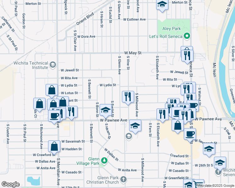 map of restaurants, bars, coffee shops, grocery stores, and more near 2219 South Euclid Street in Wichita