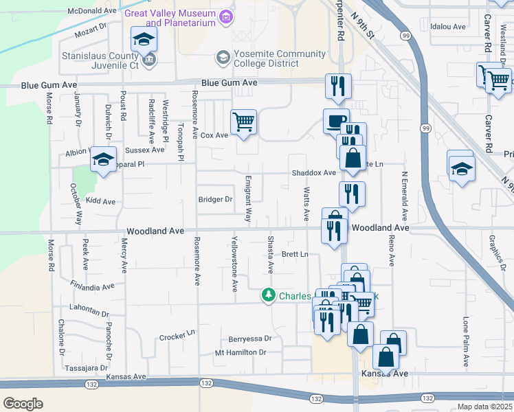 map of restaurants, bars, coffee shops, grocery stores, and more near 1808 Brendler Way in Modesto