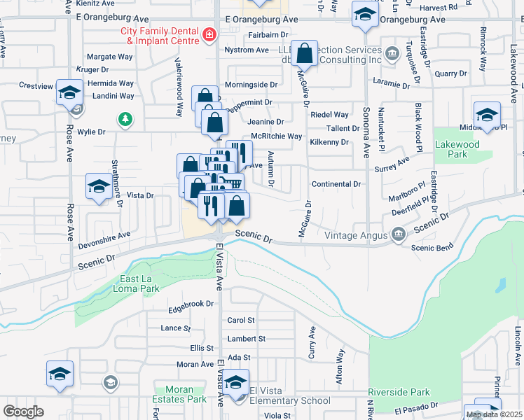 map of restaurants, bars, coffee shops, grocery stores, and more near 2325 Scenic Drive in Modesto