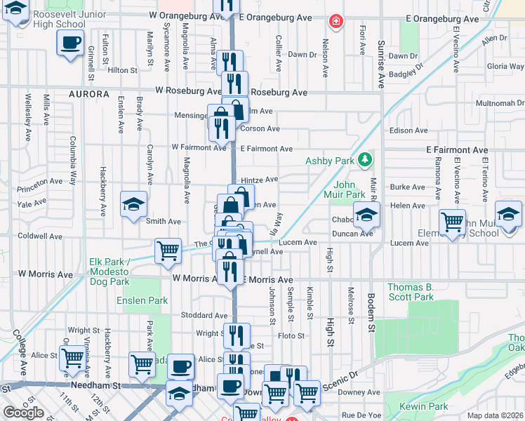 map of restaurants, bars, coffee shops, grocery stores, and more near 142 Helen Avenue in Modesto
