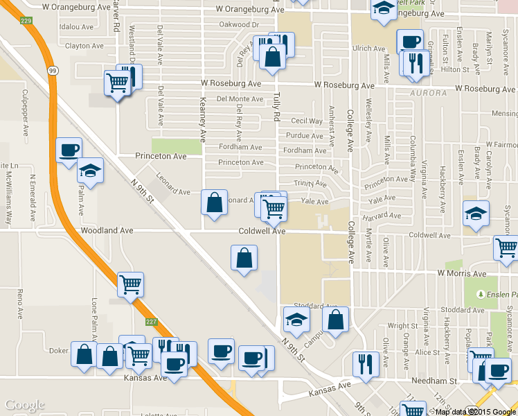 map of restaurants, bars, coffee shops, grocery stores, and more near in Modesto