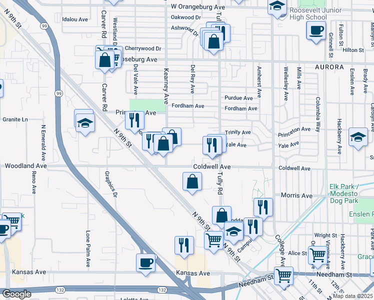 map of restaurants, bars, coffee shops, grocery stores, and more near 1430 Leonard Avenue in Modesto