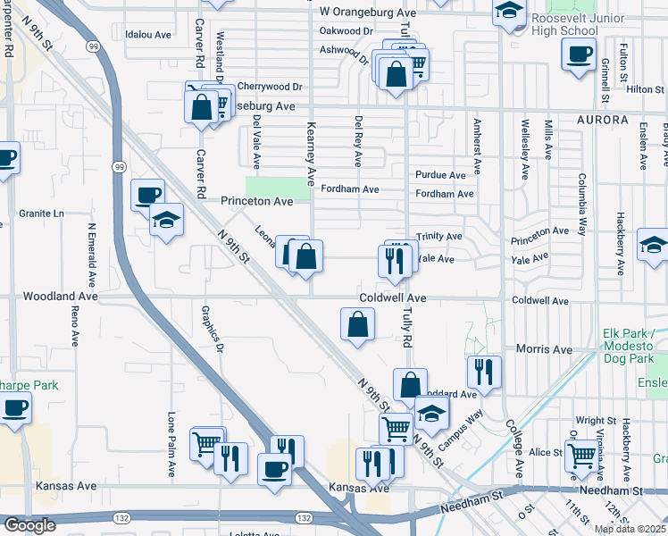 map of restaurants, bars, coffee shops, grocery stores, and more near 1430 Leonard Avenue in Modesto