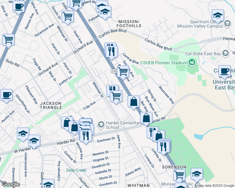 map of restaurants, bars, coffee shops, grocery stores, and more near 25426 Parklane Drive in Hayward
