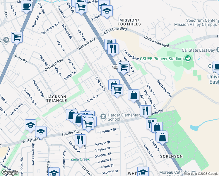 map of restaurants, bars, coffee shops, grocery stores, and more near 25539 Whitman Street in Hayward