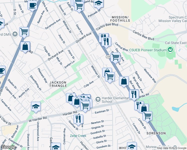 map of restaurants, bars, coffee shops, grocery stores, and more near 25455 Whitman Street in Hayward
