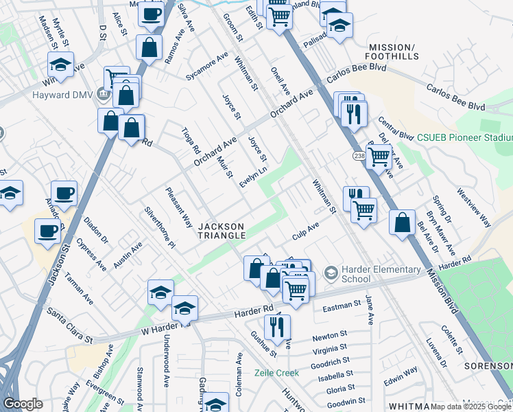 map of restaurants, bars, coffee shops, grocery stores, and more near 432 Berry Avenue in Hayward