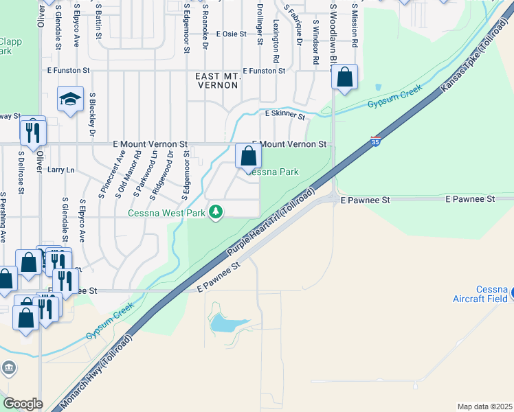 map of restaurants, bars, coffee shops, grocery stores, and more near 5935 Bellaire Street in Wichita