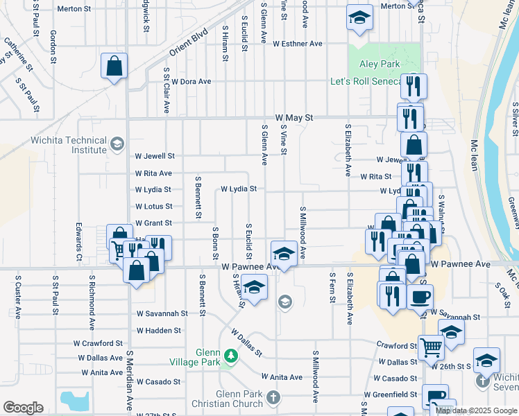 map of restaurants, bars, coffee shops, grocery stores, and more near 2219 South Euclid Street in Wichita