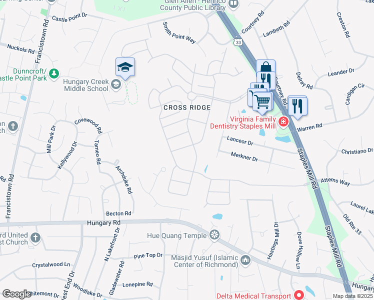 map of restaurants, bars, coffee shops, grocery stores, and more near 10021 Locklies Drive in Glen Allen