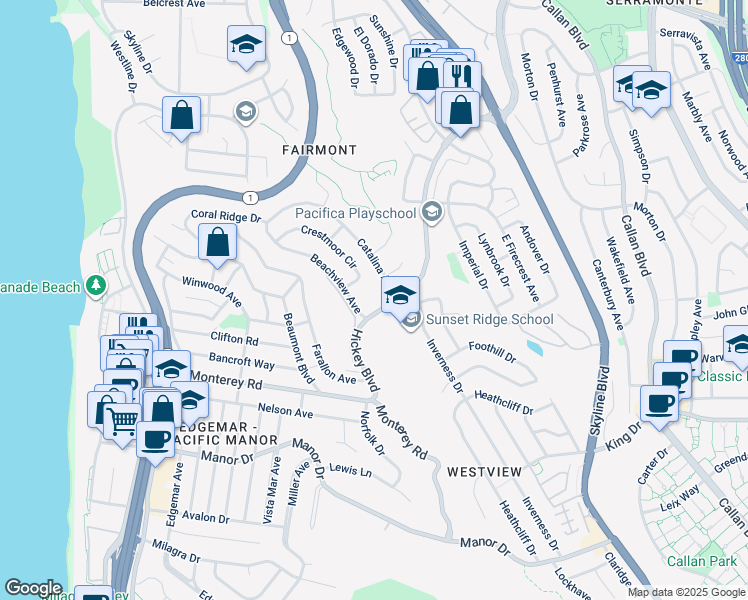 map of restaurants, bars, coffee shops, grocery stores, and more near 533 Hickey Boulevard in Pacifica