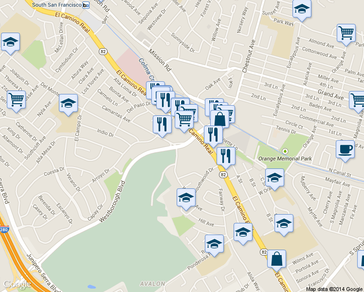 map of restaurants, bars, coffee shops, grocery stores, and more near 91 Westborough Boulevard in South San Francisco