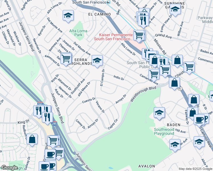 map of restaurants, bars, coffee shops, grocery stores, and more near 9 Tunitas Lane in South San Francisco