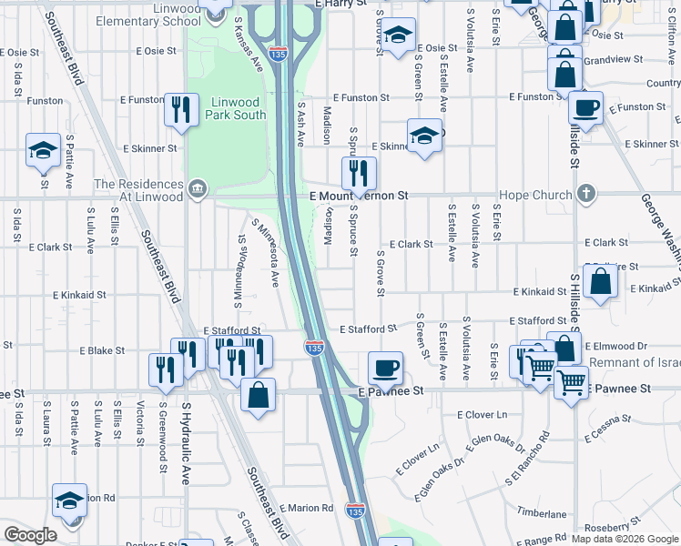 map of restaurants, bars, coffee shops, grocery stores, and more near 2213 East Hodson Street in Wichita