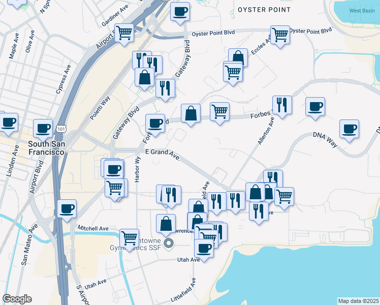 map of restaurants, bars, coffee shops, grocery stores, and more near 249 East Grand Avenue in South San Francisco