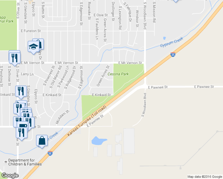 map of restaurants, bars, coffee shops, grocery stores, and more near 2107 Drollinger Street in Wichita