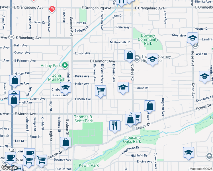 map of restaurants, bars, coffee shops, grocery stores, and more near 725 El Camino Avenue in Modesto
