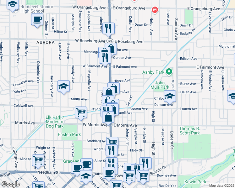 map of restaurants, bars, coffee shops, grocery stores, and more near 120 Helen Avenue in Modesto