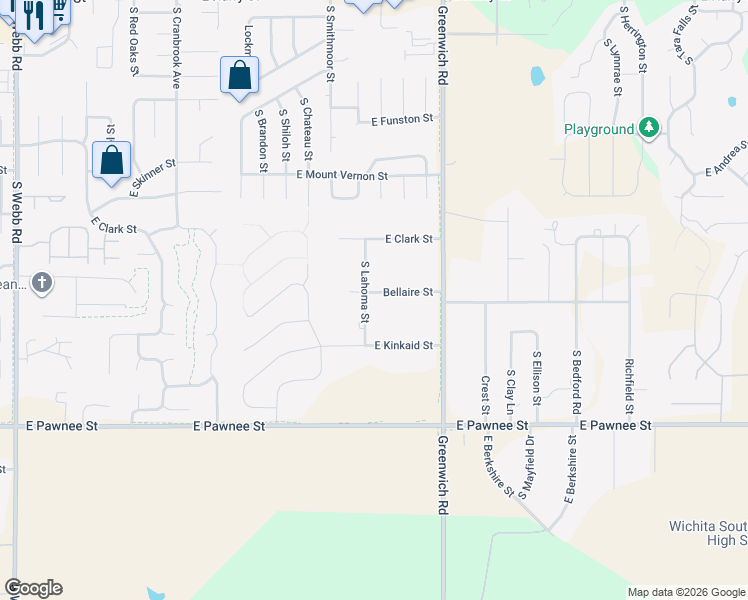 map of restaurants, bars, coffee shops, grocery stores, and more near 10901 E Bellaire St in Wichita