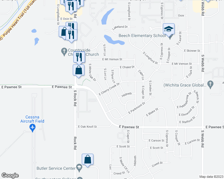 map of restaurants, bars, coffee shops, grocery stores, and more near 2101 South Flynn Street in Wichita
