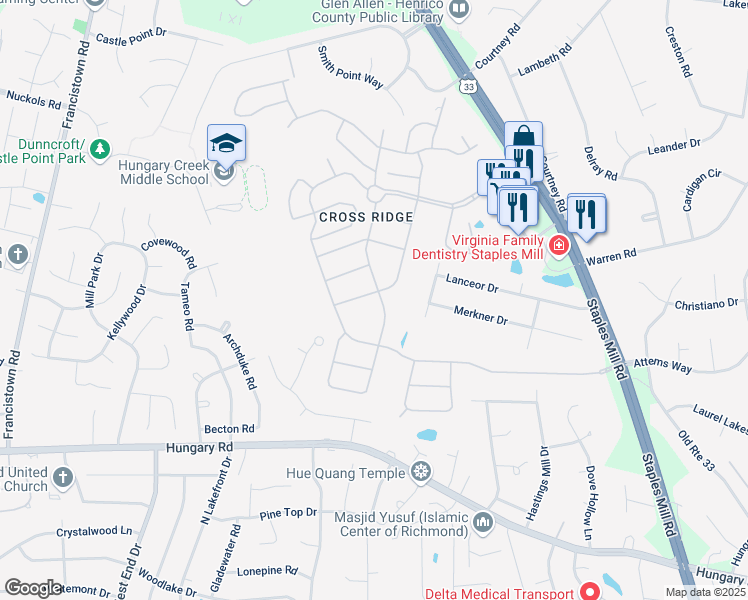 map of restaurants, bars, coffee shops, grocery stores, and more near 10021 Locklies Drive in Glen Allen