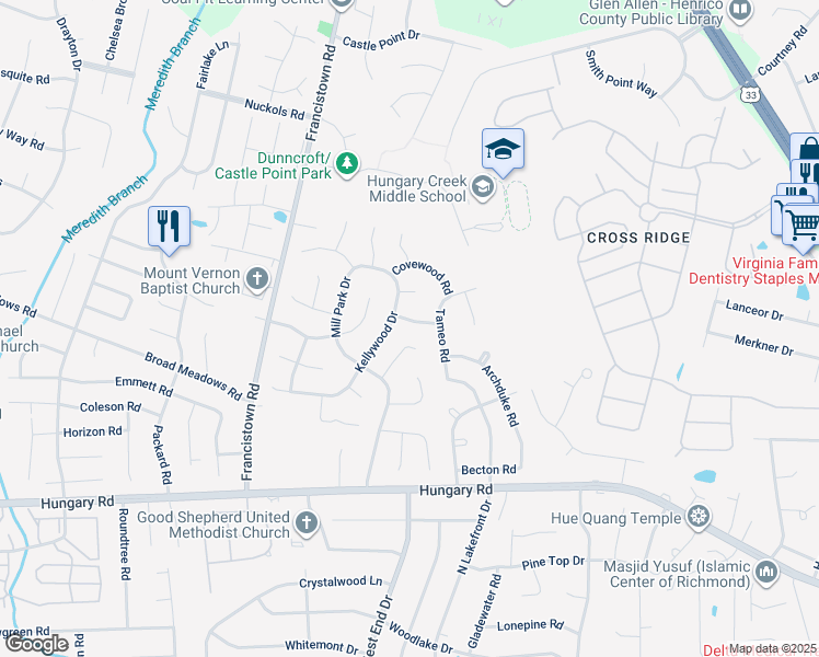 map of restaurants, bars, coffee shops, grocery stores, and more near 9009 Runyon Drive in Glen Allen