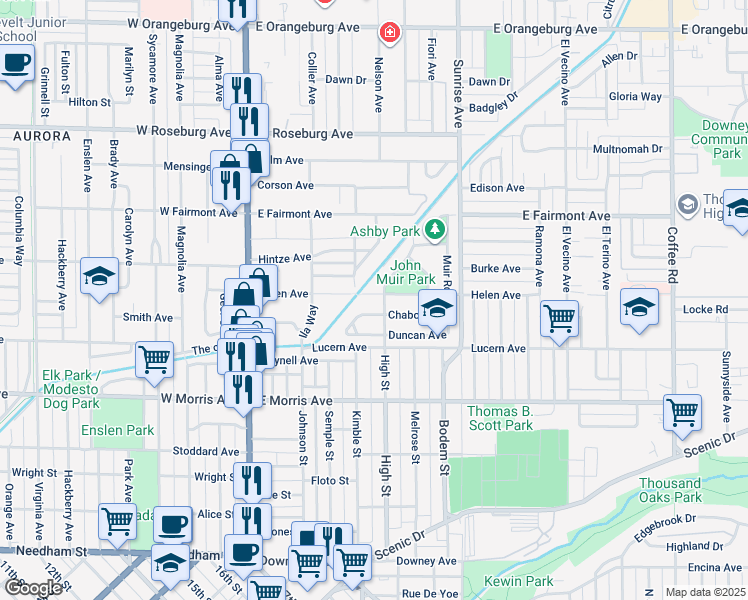 map of restaurants, bars, coffee shops, grocery stores, and more near 410 Helen Avenue in Modesto