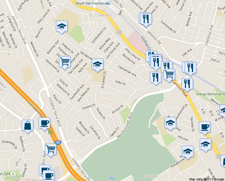 map of restaurants, bars, coffee shops, grocery stores, and more near 129 Alta Mesa Drive in South San Francisco
