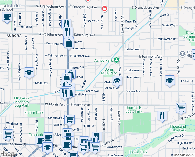 map of restaurants, bars, coffee shops, grocery stores, and more near 410 Helen Avenue in Modesto