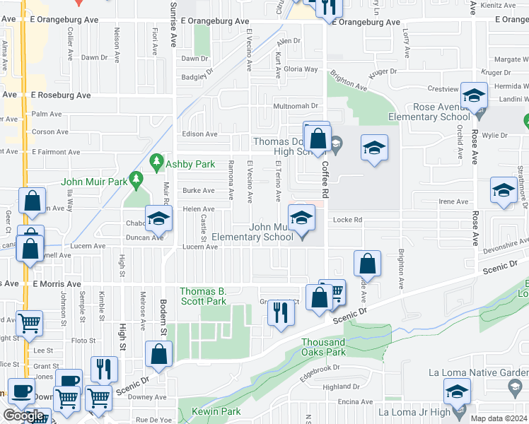 map of restaurants, bars, coffee shops, grocery stores, and more near 722 El Camino Avenue in Modesto