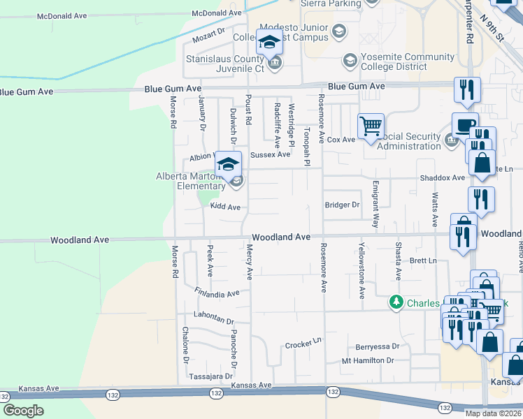 map of restaurants, bars, coffee shops, grocery stores, and more near 2421 Naas Court in Modesto