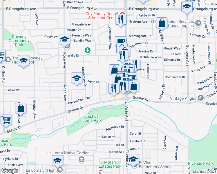 map of restaurants, bars, coffee shops, grocery stores, and more near 712 Rio Vista Avenue in Modesto