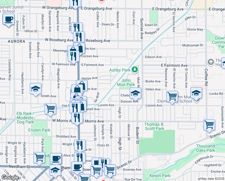 map of restaurants, bars, coffee shops, grocery stores, and more near 410 Helen Avenue in Modesto