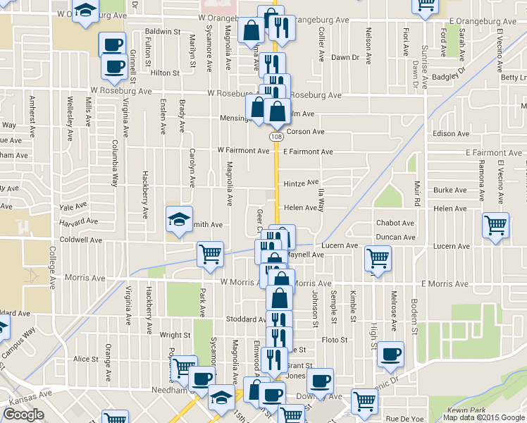 map of restaurants, bars, coffee shops, grocery stores, and more near 605 Geer Court in Modesto