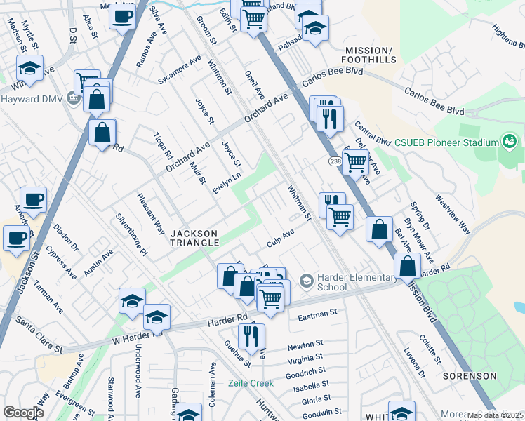 map of restaurants, bars, coffee shops, grocery stores, and more near 495 Berry Avenue in Hayward