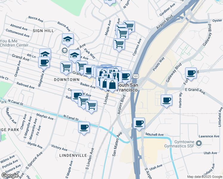 map of restaurants, bars, coffee shops, grocery stores, and more near 205 Linden Avenue in South San Francisco