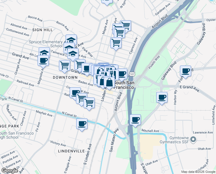 map of restaurants, bars, coffee shops, grocery stores, and more near 205 Linden Avenue in South San Francisco