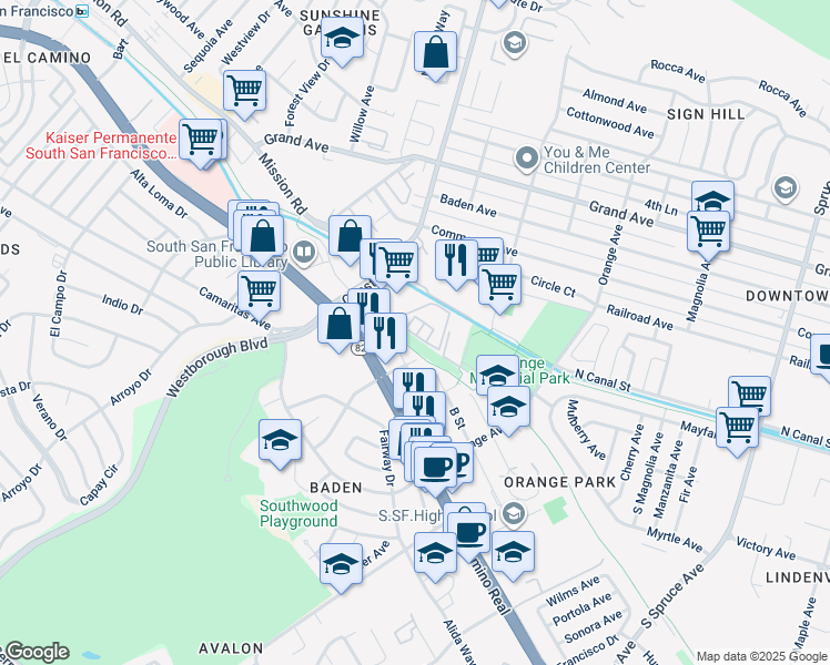 map of restaurants, bars, coffee shops, grocery stores, and more near 848 Antoinette Lane in South San Francisco