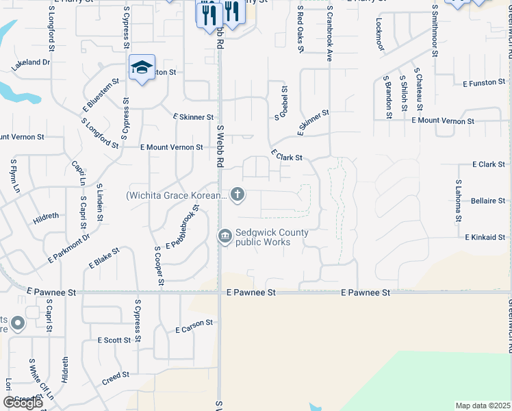 map of restaurants, bars, coffee shops, grocery stores, and more near 2130 South Webb Road in Wichita