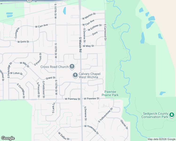 map of restaurants, bars, coffee shops, grocery stores, and more near 10301 West Lotus Court in Wichita