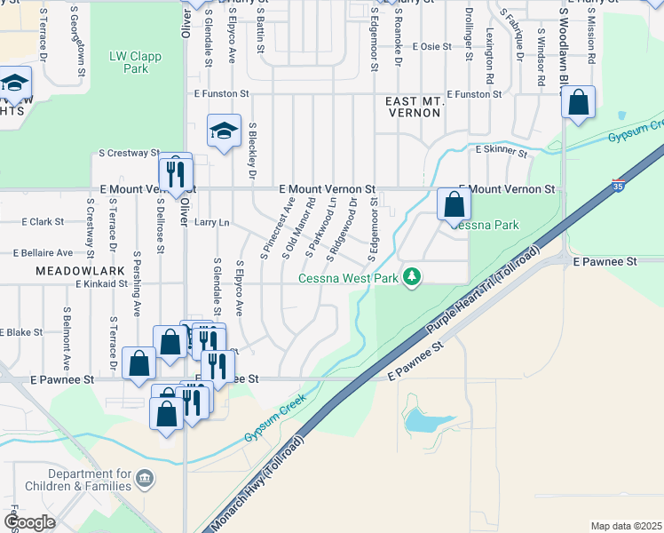 map of restaurants, bars, coffee shops, grocery stores, and more near 2116 S Ridgewood Dr in Wichita