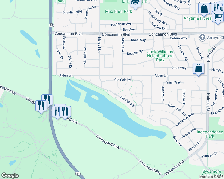 map of restaurants, bars, coffee shops, grocery stores, and more near 987 Old Oak Road in Livermore