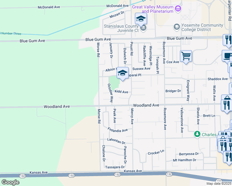 map of restaurants, bars, coffee shops, grocery stores, and more near 2708 Kidd Avenue in Modesto