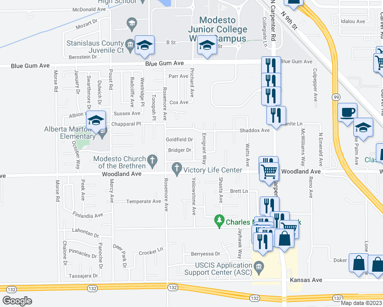 map of restaurants, bars, coffee shops, grocery stores, and more near 1405 Shoshone Place in Modesto