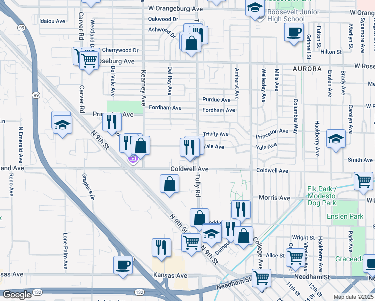 map of restaurants, bars, coffee shops, grocery stores, and more near 1326 Leonard Avenue in Modesto