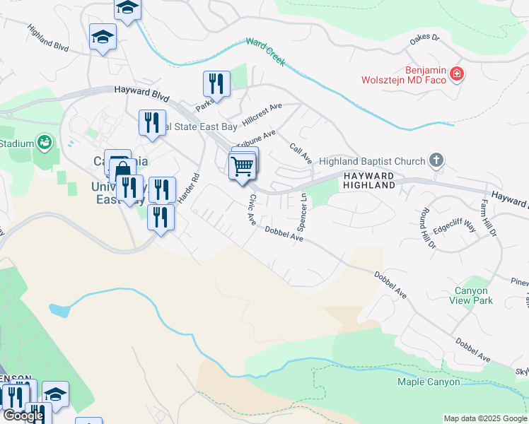 map of restaurants, bars, coffee shops, grocery stores, and more near 2602 Dobbel Place in Hayward